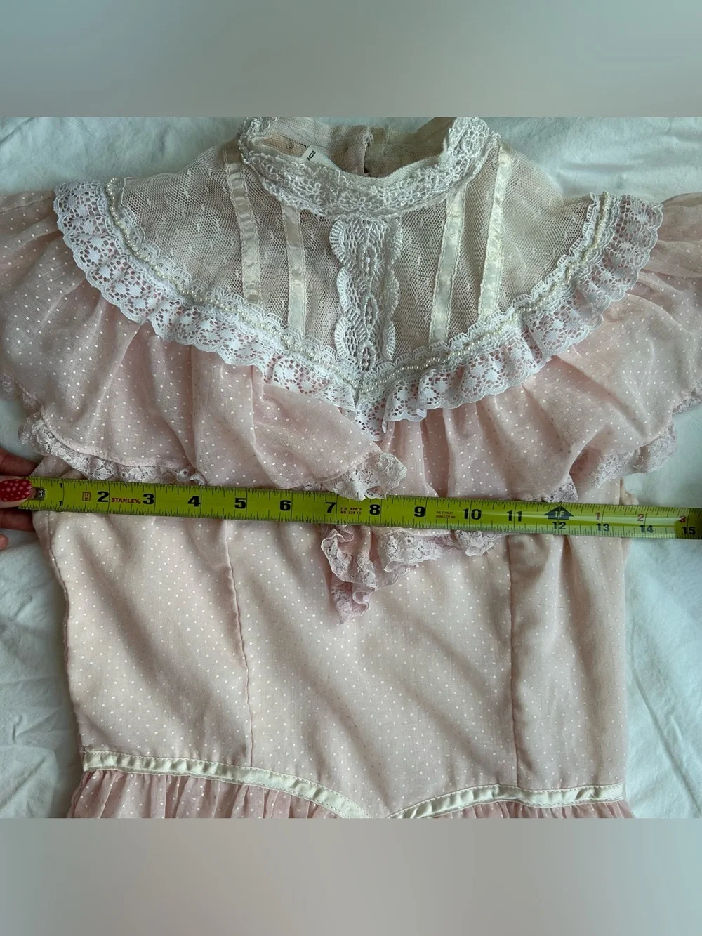 Gunne Sax Pink Polka Dot Lace Dress with Pearl Trim High Victorian Neckline - Picture 6 of 9